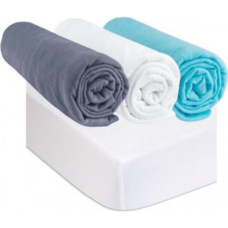 Drap housse 70x160 Coton Gris Blanc Turquoise (Lot de 3) + 2 Alèses (1/5)