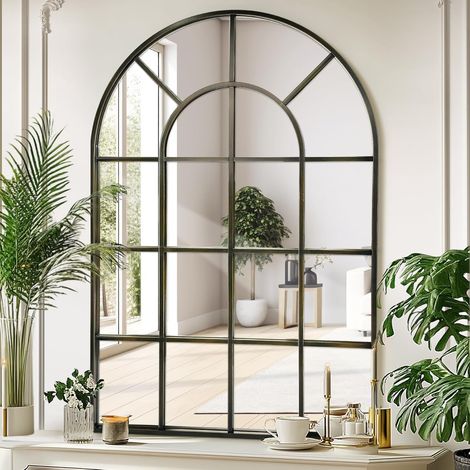 Miroir à fenêtre cintrée 60x90 cm Cadre en aluminium bronze Miroir mural à carreaux pour décoration intérieure de salon, couloir, entrée, jardin extérieur (1/5)