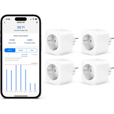 Prise Connectée WiFi, Prise Programmable avec HomeKit, Intelligente Prise Telecommande avec Mesure de Consommation Électrique, Minuteur Prise avec et Google Home, Type F, 4 Pièces (1/5)