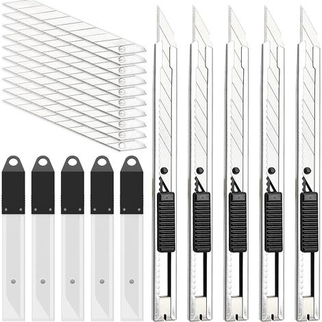 5 Cutter + 50 lame de rechange pour cutter 9mm Snap Off Lames de 30 degrés Slim Gaine en acier inoxydable Coupe-boîtes verrouillable Couteau graphique (1/5)