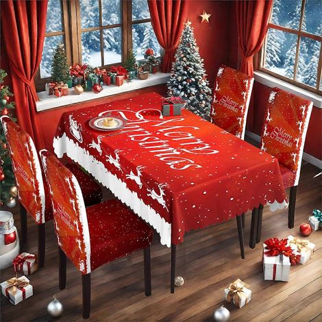 Ensemble TC-18 (nappe imperméable rouge classique avec motif d'élan de Noël + 4 housses de chaises) (1/4)