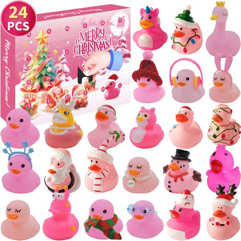 Boîte aveugle en vinyle de Noël pour enfants, jouet de canard jaune, canard rose, boîte-cadeau de calendrier à 24 grilles