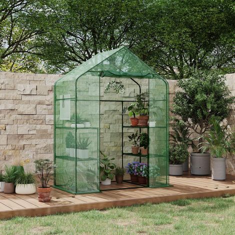 Serre de jardin à abri Walk-in, 143 x 73 x 195 cm, serre pour plantes avec couverture en polyéthylène 140 g, imperméable et structure en acier, 4 étagères amovibles, 1 porte et 2 fenêtres, vert (1/5)