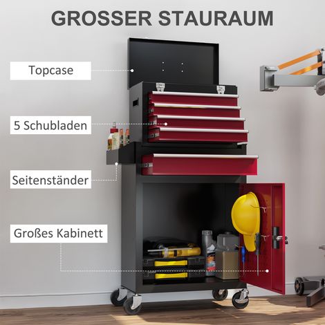 Coffre à outils mobile robuste en métal noir et rouge, avec bac supérieur et tiroirs verrouillables pour atelier. (1/4)