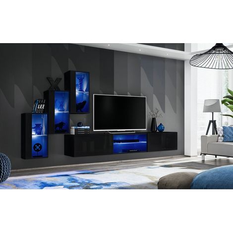 Ensemble meuble TV mural Switch XXII - L 240 x P 40 x H 170 cm - Noir - Livraison gratuite