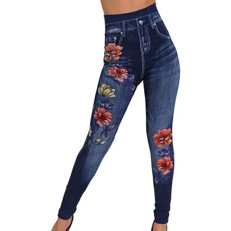 Leggings longs sans coutures à imprimé denim pour femme, parfaits en toutes saisons - Taille unique (convient aux grandes tailles) (1/5)