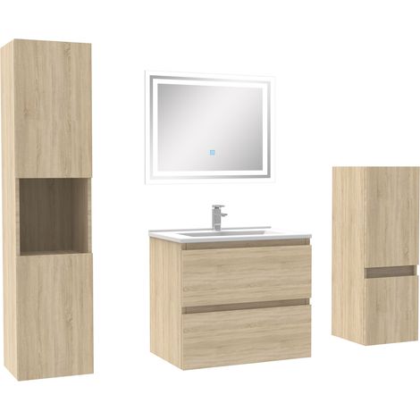 Ensemble meubles Salle de Bain 60cm vasque et colonnex2 et miroir Chêne Wotan