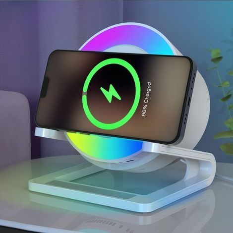 Enceinte Bluetooth Lumineuse avec 15W Chargeur Sans Fil,Lampe de Chevet Tactile avec Blanc Chaud+5 Lumières Colorées Dynamiques,Haut-parleur Bluetooth Veilleuse avec Support Téléphone,Cadeau Ado (1/5)