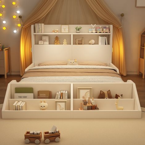 Cama de madera blanca 140x200 cm con somier de láminas, estantes integrados, librero desmontable y luces nocturnas (1/5)