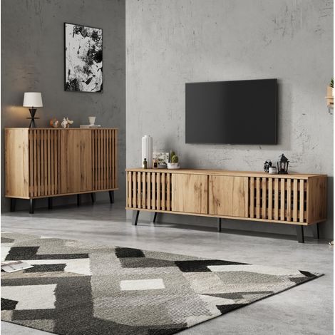 Ensemble meuble TV 180x40x55 / buffet 150x40x95 cm, particules naturel, rangement salon – MEUBLIV (1/5)