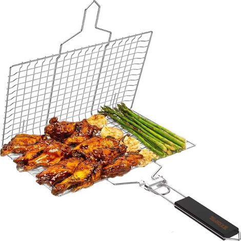 Faltbarer, tragbarer und robuster Grillkorb aus Edelstahl 304 mit abnehmbarem Griff für Fisch, Gemüse, Garnelen und Steaks (1/5)
