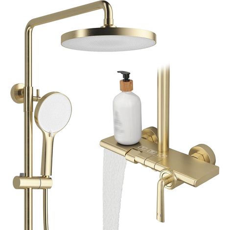 Colonne de Douche, RSS0700 Moderne Touches de Piano Ensemble de Douche, 10"/252mm Système de Douche, 4 Jets Pommeau de Douchette avec Pistolet, Cascade Robinet de Baignoire, 59A Tout en Cuivre (1/5)