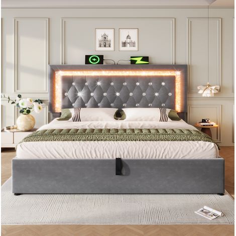 Letto imbottito 160x200 cm in velluto grigio, testiera LED, USB e Type-C, contenitore idraulico, con materasso (1/5)