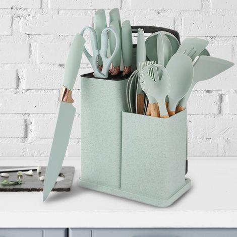 All-in-One 19-teiliges Küchenutensilien-Messer-Set: 14 Küchenhelfer + 5 unverzichtbare Küchenmesser für ein komplettes Kocherlebnis (Hellgrün) (1/3)