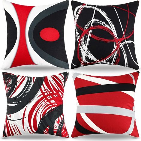 Housse de Coussin Velours 45x45 Abstrait Moderne Coussin Rouge Noir Gris Irrégulier Ligne Coussin Decoratif Canapé 4 Pièces Double Face Velours Taie d'oreiller pour Maison Salon Chambr Décora (1/5)