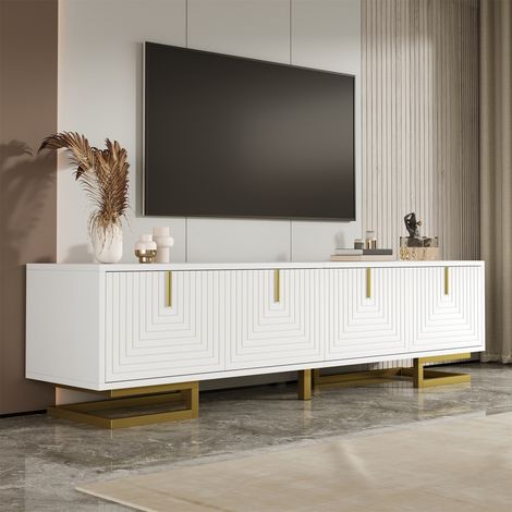 Mueble TV blanco con puertas texturizadas y tiradores verticales madera 160x38x44.5 cm (1/5)