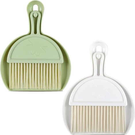 Mini balai pelle à poussière (lot de 2) - Brosse de nettoyage portable combinée pour la maison, le bureau, le comptoir, le canapé et le clavier - Blanc et vert (1/5)