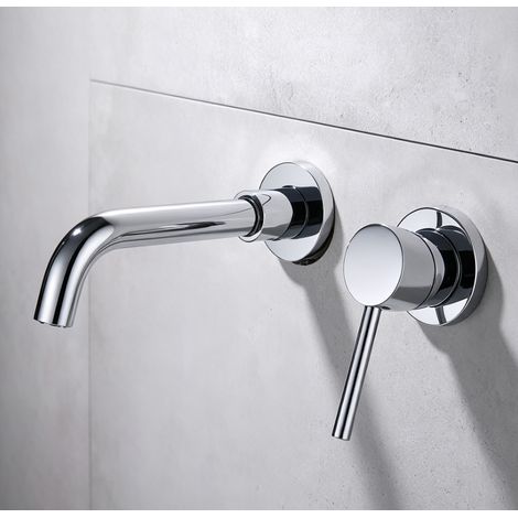 Robinet de Lavabo Encastrable Mural Chromé en Laiton - Mitigeur Chaud/Froid Bi-Matière Séparable à Bec Pivotant pour Vasque