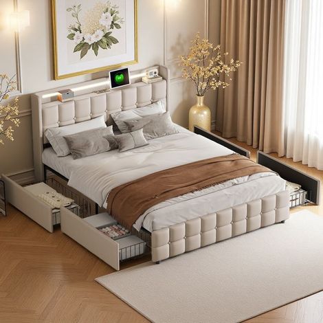 Letto Doppio 160x200 - Moderno - Rangemento con 4 Cassetti - Illuminazione a LED - Porte USB integrate