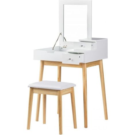 Coiffeuse en bois blanc avec miroir rabattable et tiroirs - 60x50x76 cm (1/4)