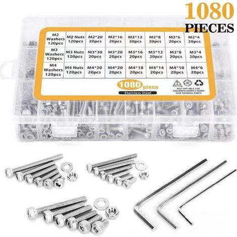 Kit de 1080 tornillos y tuercas métricas M2, M3 y M4, incluyendo tuercas y arandelas, de acero inoxidable 304 (hexagonales, 1080 piezas). (1/4)