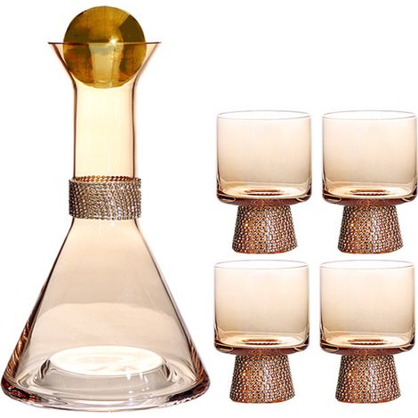 Ensemble de Carafe en verre de 1150ml, pichet d'eau de chevet avec 4 gobelets de 260ml, pour table de nuit, cuisine, décor en strass doré (1/5)