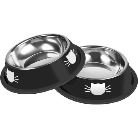 Set di 2 mangiatoie antiscivolo in acciaio inox per gatti e piccoli animali da interno - Base in gomma rimovibile - Facile da pulire - Nero (1/5)