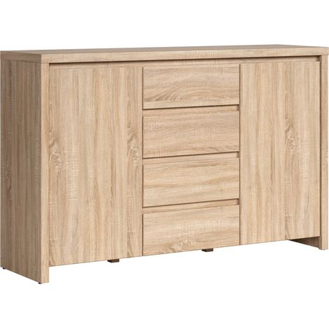 Commode buffet meuble de rangement à 2 portes et 4 tiroirs, coloris chêne Sonoma - Longueur 143,5 x Profondeur 40,5 x Hauteur 92 cm (1/5)