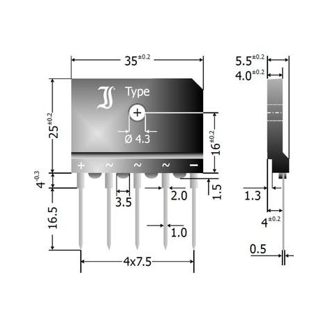 Brücken-Gleichrichter TRIPHASE 1000V 25A (370A) 5 Drähte