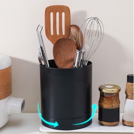 (Le noir) Porte-ustensiles, passe au lave-vaisselle 360 degrés rotatif simple panier à baguettes récipient de stockage de vaisselle, organisateur d'ustensiles de comptoir pour la cuisine à domicile. (1/5)