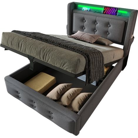 Cama con Almacenaje Individual de Tela con LED, USB y Type-C, 200 x 90 cm, sin Colchón, Gris (1/5)
