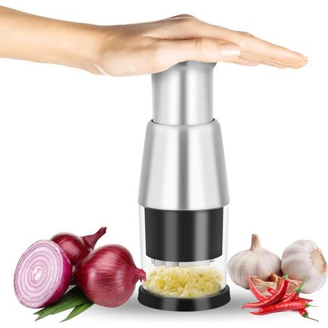 Knoblauchpresse aus Edelstahl mit Schalotten-Zerkleinerer, manueller Zwiebelschneider und Ingwerhacker (1/3)
