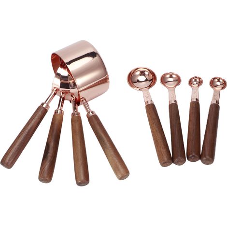 Ensemble de 8 cuillères doseuses en acier inoxydable doré rose avec manches en bois - Accessoire de cuisine et de pâtisserie (1/5)