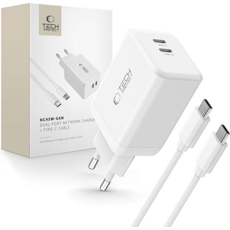 Tech-protect NC45W-GAN 2-Port-Netzwerkladegerät PD45W + Typ-C-Kabel weiß (1/5)