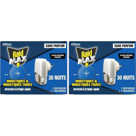 Raid Max Diffuseur Électrique Liquide - Anti-Moustiques et Moustiques Tigres 30 Nuits - Protection Continue & Nuits Sereines - Sans Parfum - 1 Diffuseur + 1 Recharge (Lot de 2)