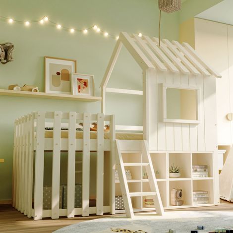 Letto a casetta 90x200 cm in legno bianco con vano contenitore per cameretta - MEUBLIV (1/5)
