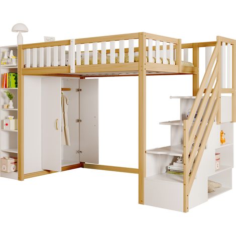 Lit mezzanine bois blanc et bois naturel 90x200 cm avec armoire, rangements et échelle sécurisée, sommier à lattes (1/5)