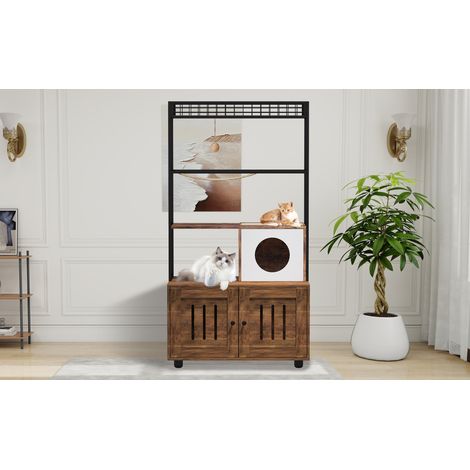 Meuble cache-litière pour chat avec étagère – Armoire à litière en bois avec hamac en sisal et balle de jeu – Rangement intégré – Idéal pour salon ou entrée – Couleur rétro (1/5)