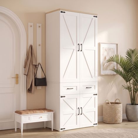 Armadio con ante a battente, 90 x 50 x 200 cm, stile porta scorrevole, con 4 ante, 2 appendiabiti e 5 cassetti, stile country, per camera da letto, corridoio e cameretta dei bambini, bianco (1/5)