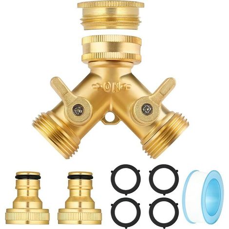 3/4" 2-Way Brass Y-Distributor, Double Outlet Tap with 2 Taps, Double Washing Machine Tap, Water Splitter for Connecting 2 Appliances to a Garden Tap (1/5)