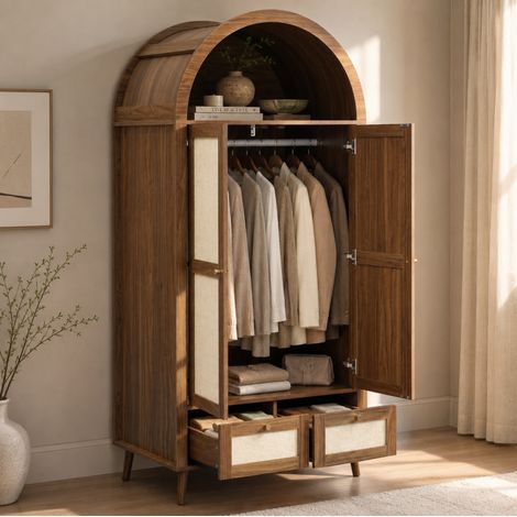Armadio 2 ante con appendiabiti e 2 cassetti, 80 x 55 x 180 cm, noce e beige HAVRYA (1/5)