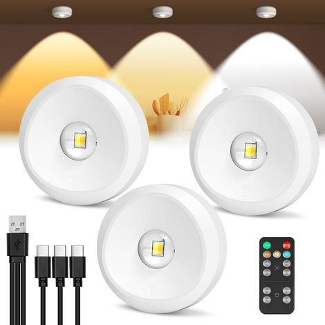 Spot Sans Fil LED, 3pcs Lampe de Vitrine Rechargeable, 1500mAh Puck Light Dimmable 3 Températures de Couleur et Tactile avec Télécommande (1/5)