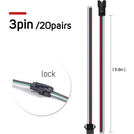 Connecteur JST SM - 3 Broches Mâle - Pour Ruban LED WS2812B WS2811 WS2812 WS2814 SK6812 - 15 cm - 20 Paires (1/5)