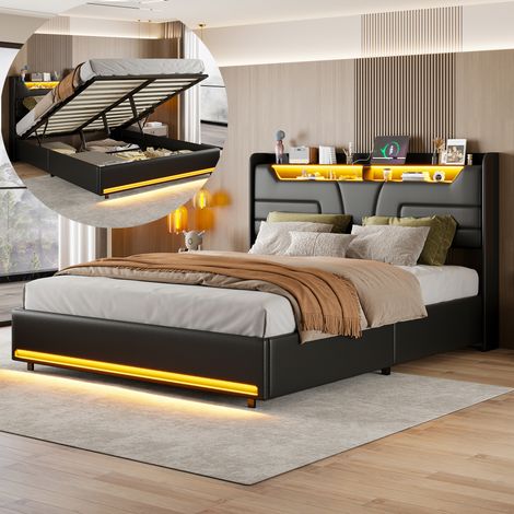 BSMGSGN-Lit coffre 140×190 avec rangement hydraulique, éclairage LED et USB intégrés. Structure en PU avec sommier à lattes en bois. Lit double pour adultes et adolescents, sans matelas (1/5)