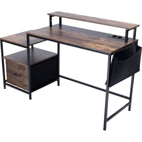 FurnitureR Bureau d'ordinateur, bureau de bureau avec 2 étagères, support pour écran, 1 tiroir profond, table de travail avec 2 prises électriques, 2 ports USB et éclairage LED pour bureau, salon, cou (1/5)