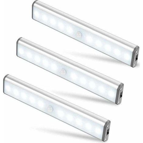 AIMOONSA Lot de 3 Lampes 10 LED, Sans Fil, Rechargeable par USB, Aimant, Dtecteur de Mouvement, 2 Modes dclairage, Portable. Lumire de Placard, Baladeuse de Secours, Veilleuse Enfant (1/5)