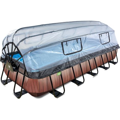 Exit Toys – Piscine hors sol rectangulaire 540x250x100cm – Châssis en bois – Pompe filtrante à sable – Dôme transparent avec vérin gonflable (1/8)