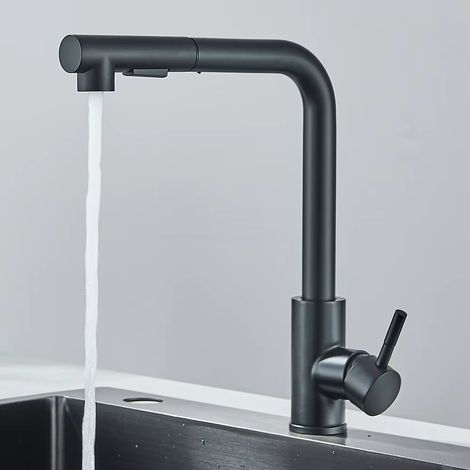 Robinet de cuisine à double jet et haute pression, extractible - Acier inoxydable, robinet d'eau chaude/froide à poser - Noir