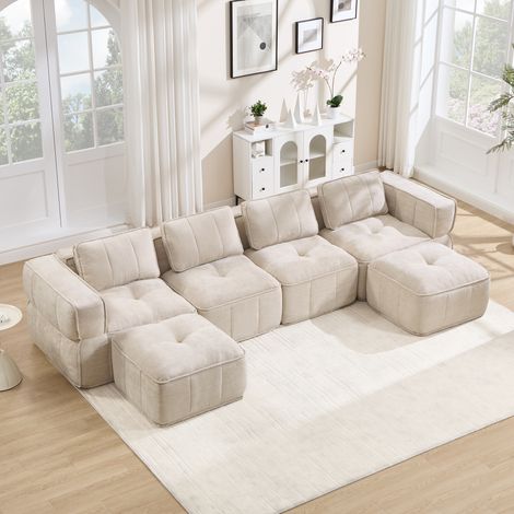 Canapé panoramique en U XL 4 places avec pouf, grand canapé modulable en tissu avec assise épaisse et modules séparables Beige crème, 344 x 162 x 67 cm (1/5)