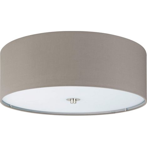 EGLO Plafoniera Pasteri, plafoniera tessile a tre punti luce, acciaio, tessuto, vetro, nichel opaco, color talpa, E27, diametro 47,5 cm (1/5)